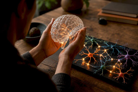 Hands holding a glowing neural brain model