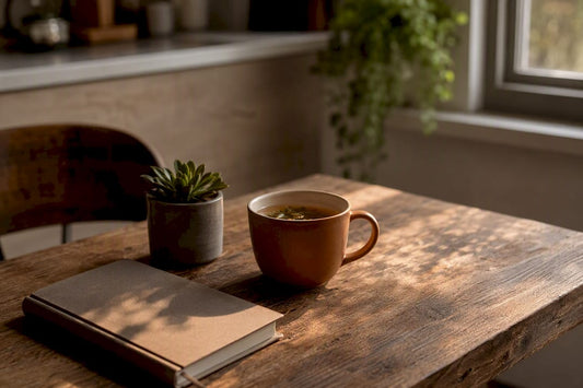 Quiet home corner with tea and journal