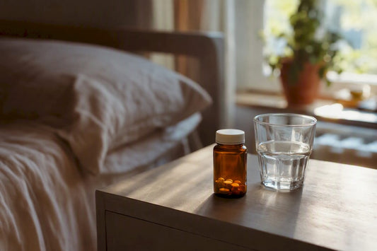 Pills and glass of water on bedside table