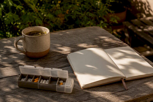 Mental health medication bottles and planner on nightstand