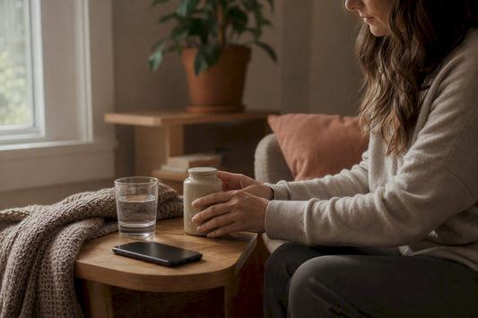Hands placing medication bottle on side table