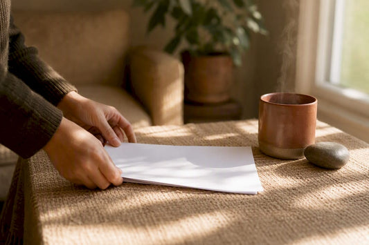 Hands arranging agreement form on a warm wooden table