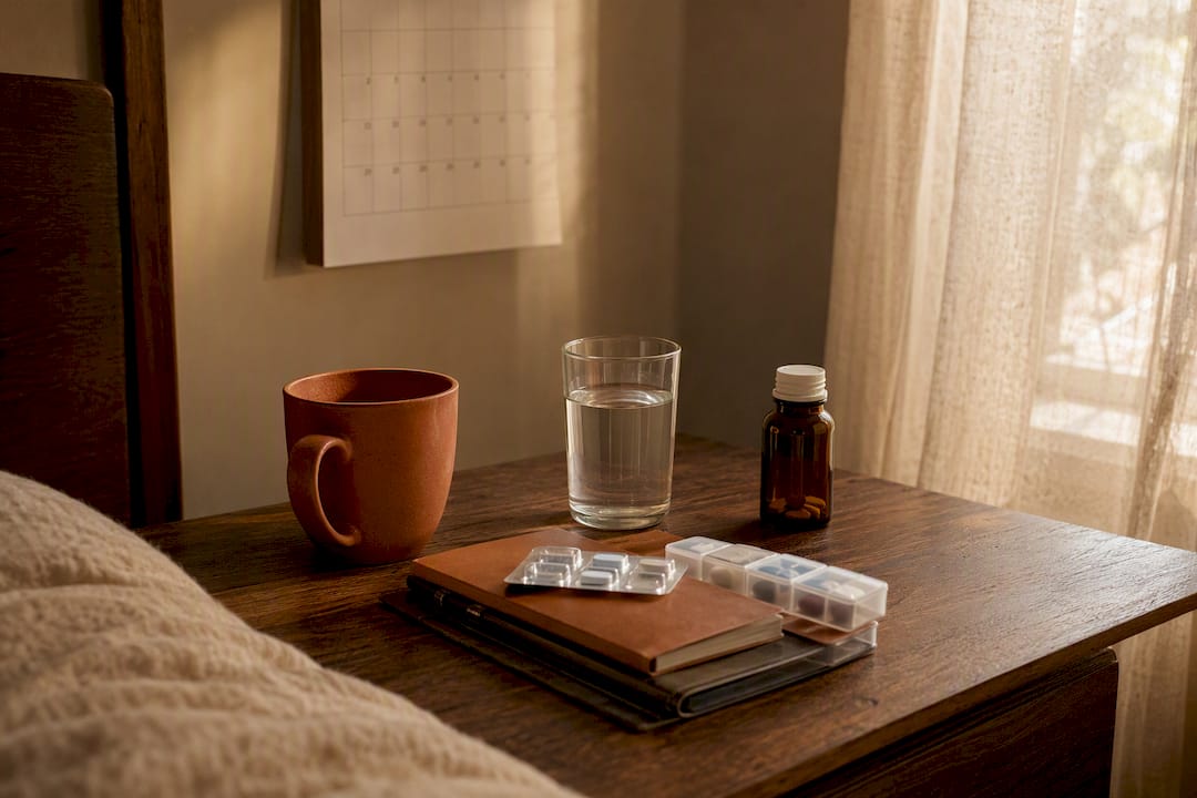 Home table with ADHD medication setup